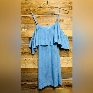 Pink Martini Denim off shoulder spaghetti USS ruffle light blue festival street